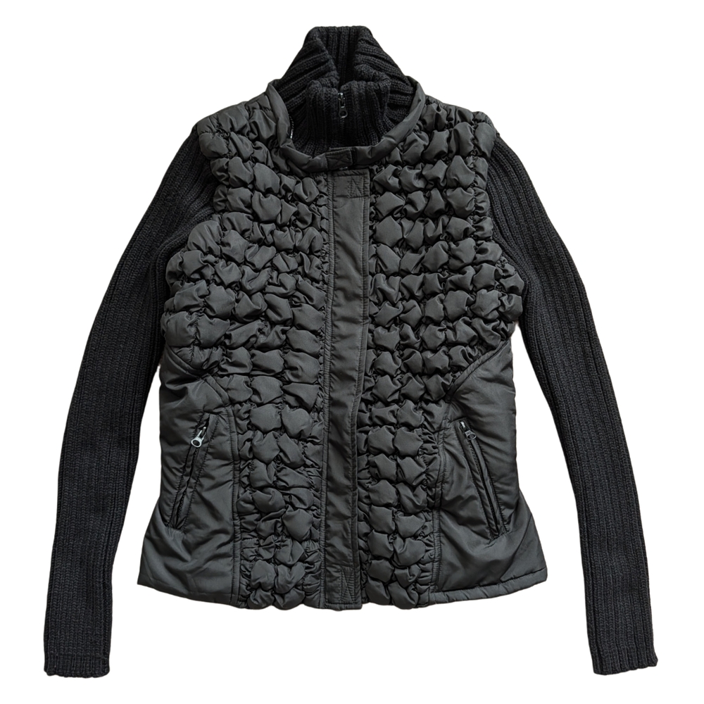 CLK Black Mixed Media Quilted Cinch Waist Front Knit Sleeve Jacket Size S/M